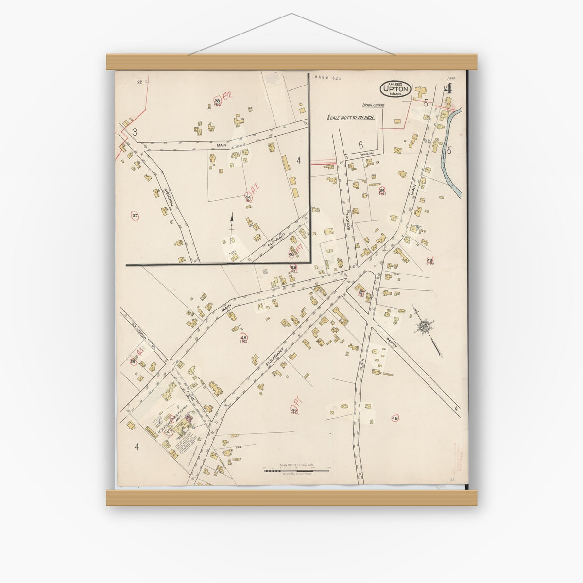 Old map wall art mockup — magnetic wood frame on white wall — Sanborn Fire Insurance Map from Upton, Worcester County, Massachusetts (1945), Sheet #0004