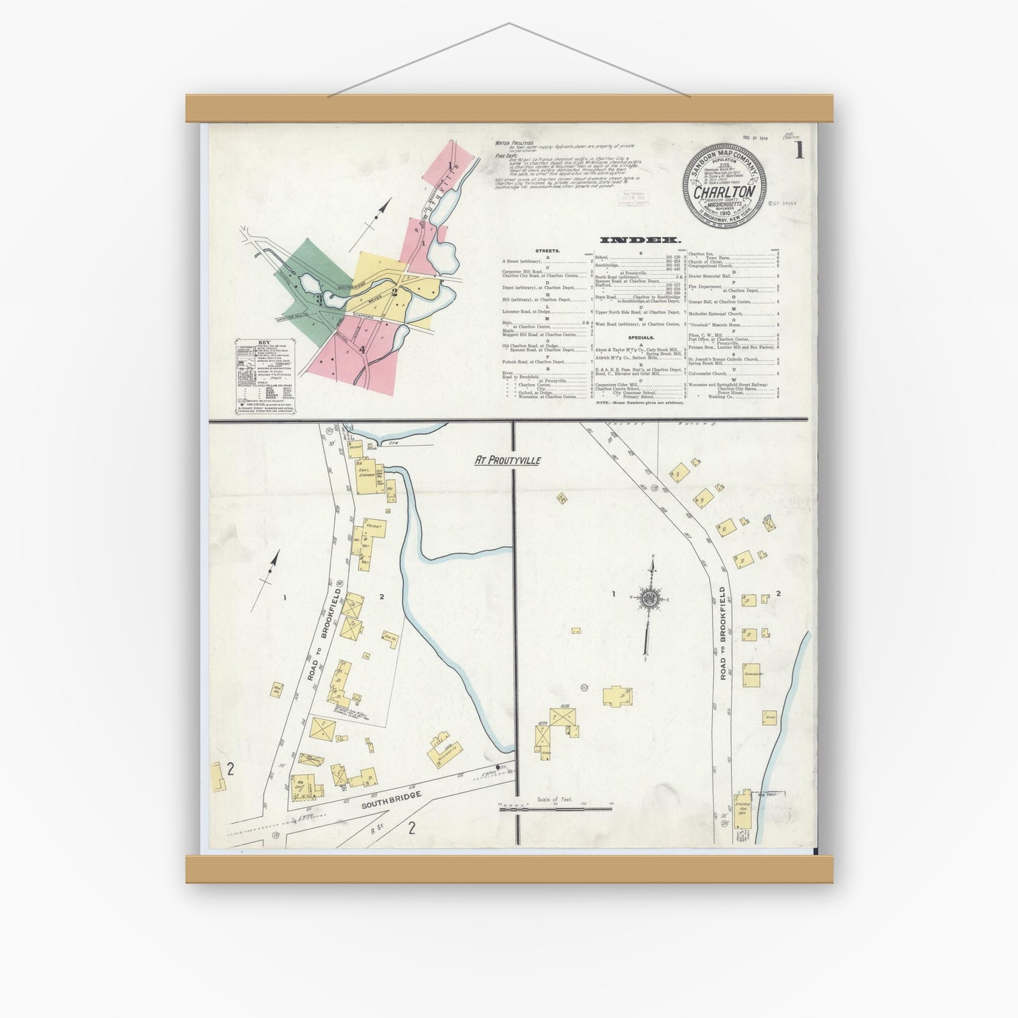Old map wall art mockup — magnetic wood frame on white wall — Sanborn Fire Insurance Map from Charlton, Worcester County, Massachusetts (1910), Sheet #0001