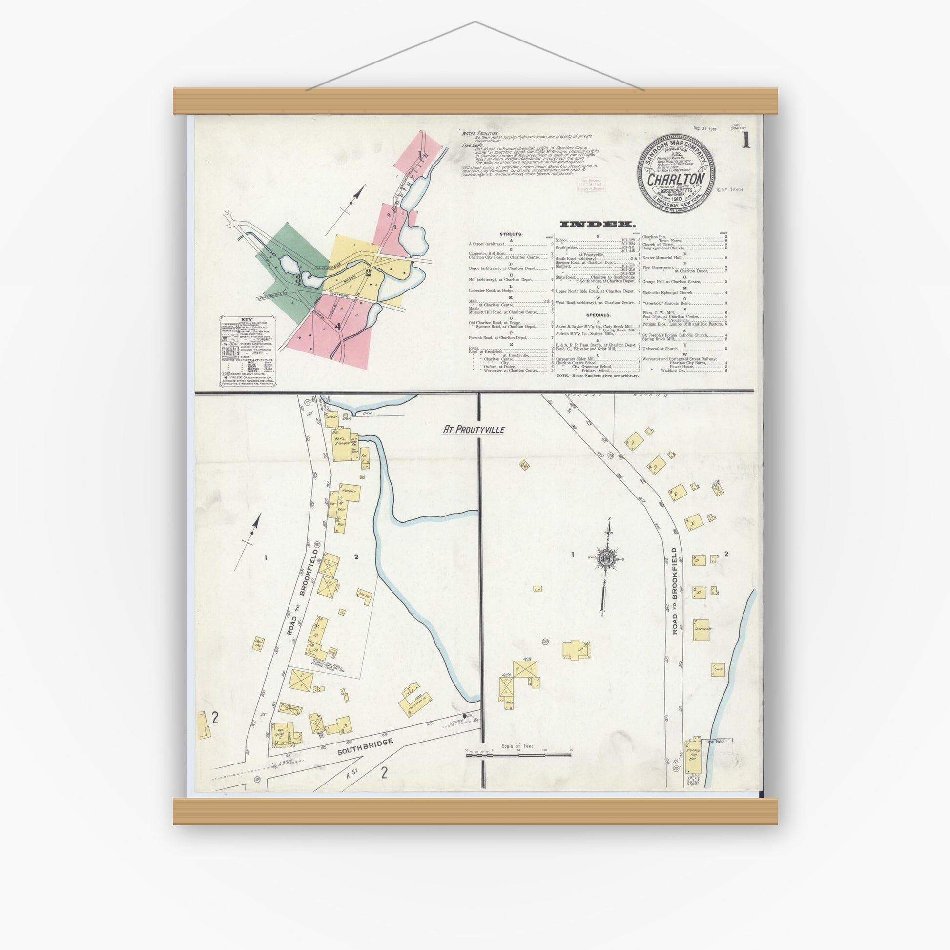 Old map wall art mockup — magnetic wood frame on white wall — Sanborn Fire Insurance Map from Charlton, Worcester County, Massachusetts (1910), Sheet #0001