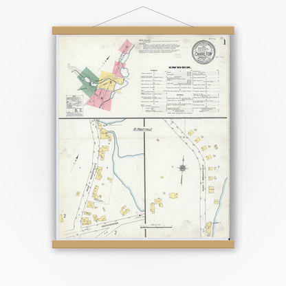 Old map wall art mockup — magnetic wood frame on white wall — Sanborn Fire Insurance Map from Charlton, Worcester County, Massachusetts (1910), Sheet #0001