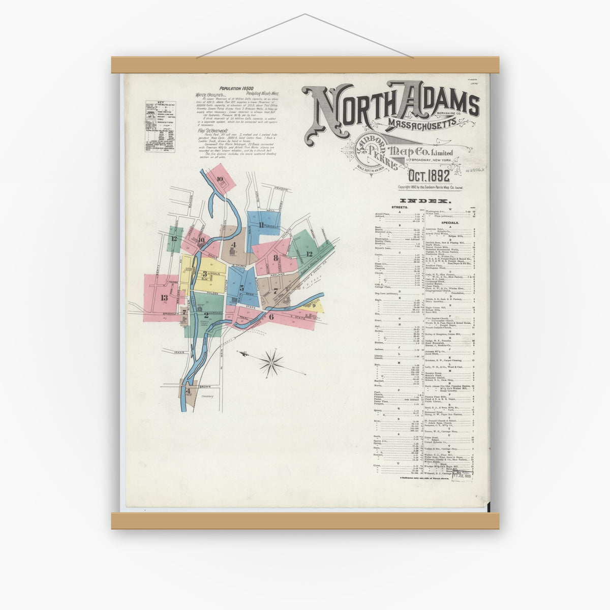 Old map wall art mockup — magnetic wood frame on white wall — Sanborn Fire Insurance Map from North Adams, Berkshire County, Massachusetts (1892), Sheet #0001