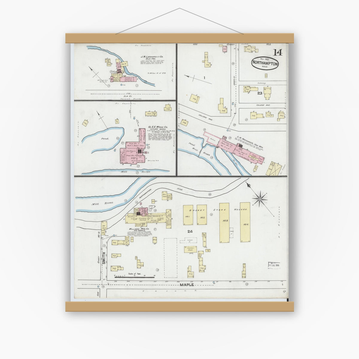Old map wall art mockup — magnetic wood frame on white wall — Sanborn Fire Insurance Map from Northampton, Hampshire County, Massachusetts (1889), Sheet #0014