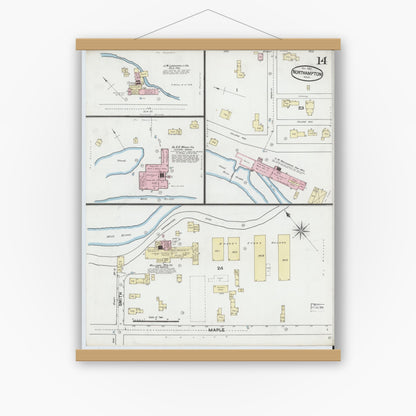 Old map wall art mockup — magnetic wood frame on white wall — Sanborn Fire Insurance Map from Northampton, Hampshire County, Massachusetts (1889), Sheet #0014