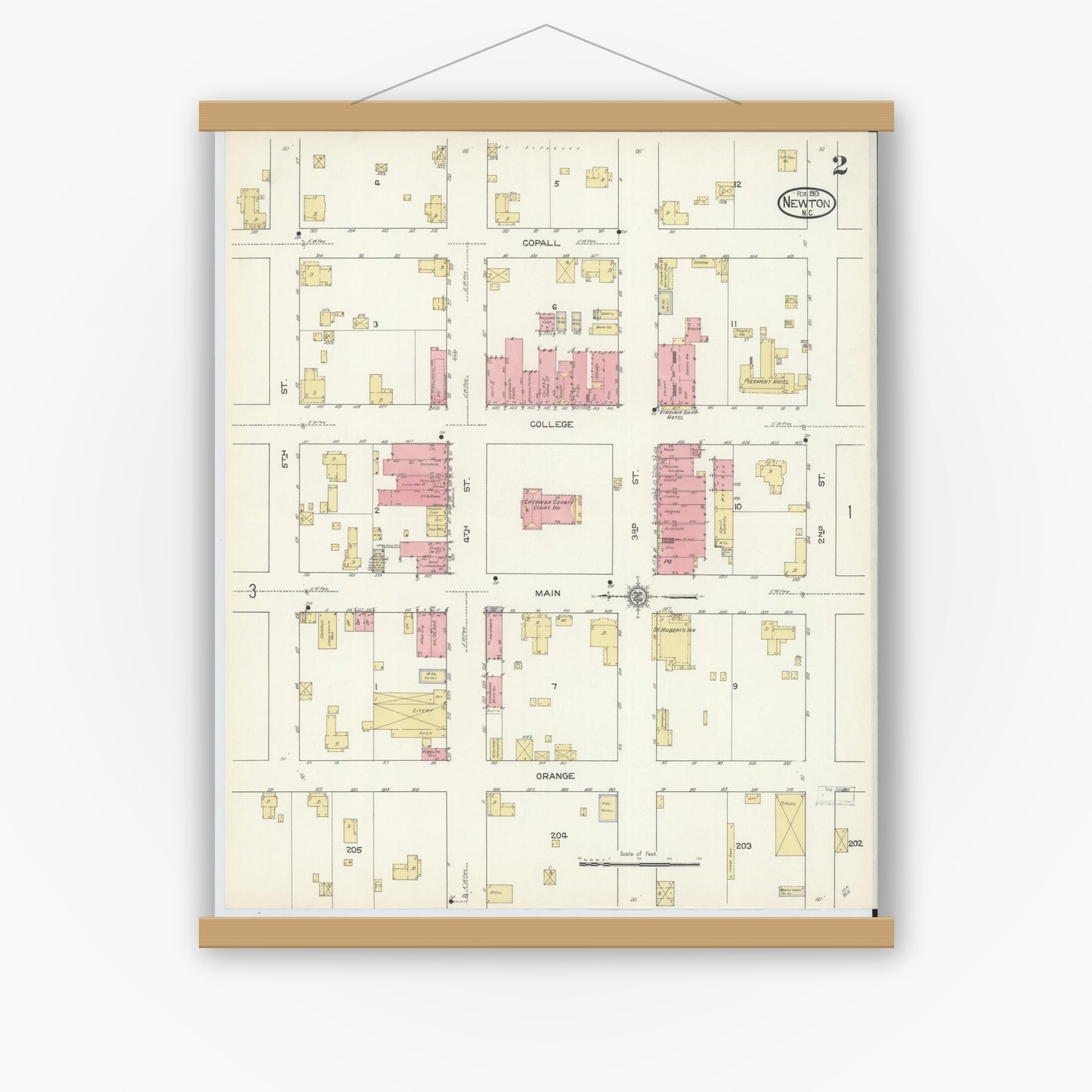 Old map wall art mockup — magnetic wood frame on white wall — Sanborn Fire Insurance Map from Newton, Catawba County, North Carolina (1913), Sheet #0002