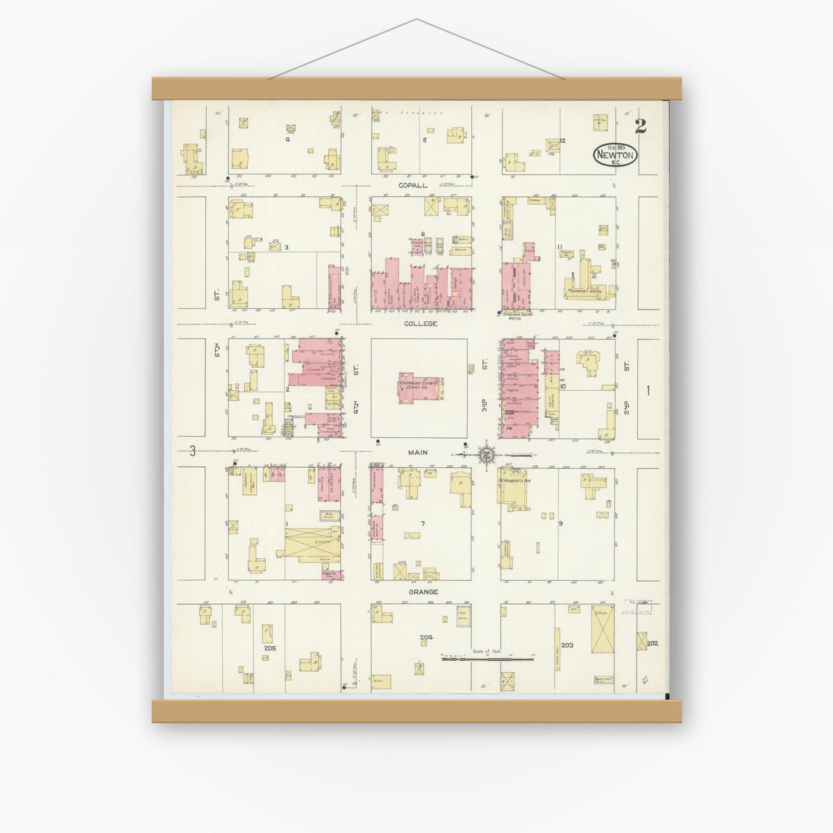Old map wall art mockup — magnetic wood frame on white wall — Sanborn Fire Insurance Map from Newton, Catawba County, North Carolina (1913), Sheet #0002