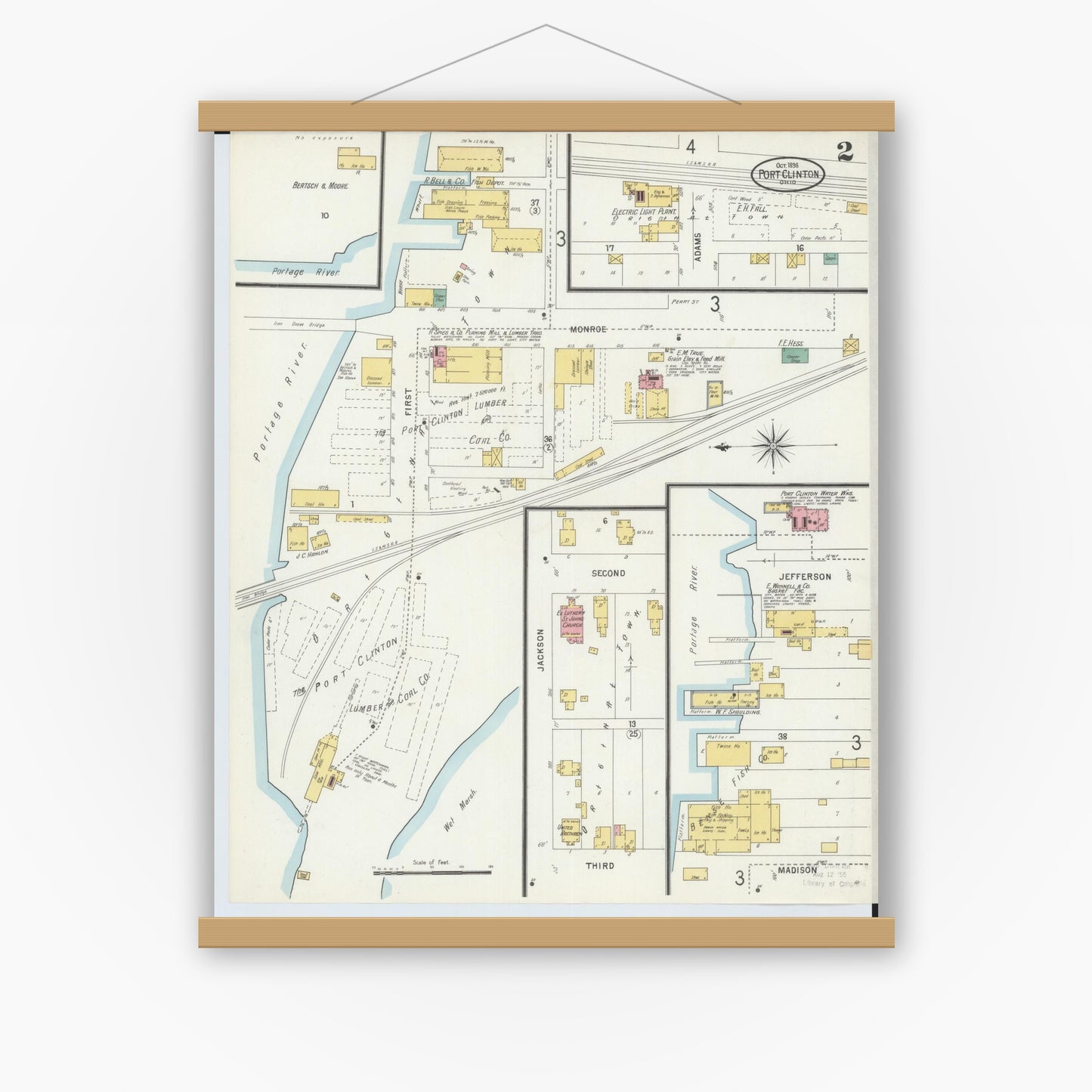 Old map wall art mockup — magnetic wood frame on white wall — Sanborn Fire Insurance Map from Port Clinton, Ottawa County, Ohio (1898), Sheet #0002