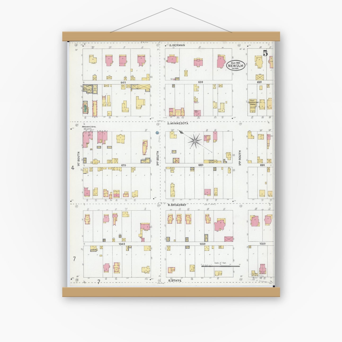Old map wall art mockup — magnetic wood frame on white wall — Sanborn Fire Insurance Map from New Ulm, Brown County, Minnesota (1905), Sheet #0005