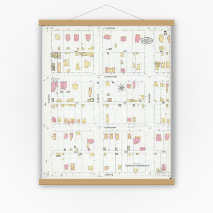 Old map wall art mockup — magnetic wood frame on white wall — Sanborn Fire Insurance Map from New Ulm, Brown County, Minnesota (1905), Sheet #0005