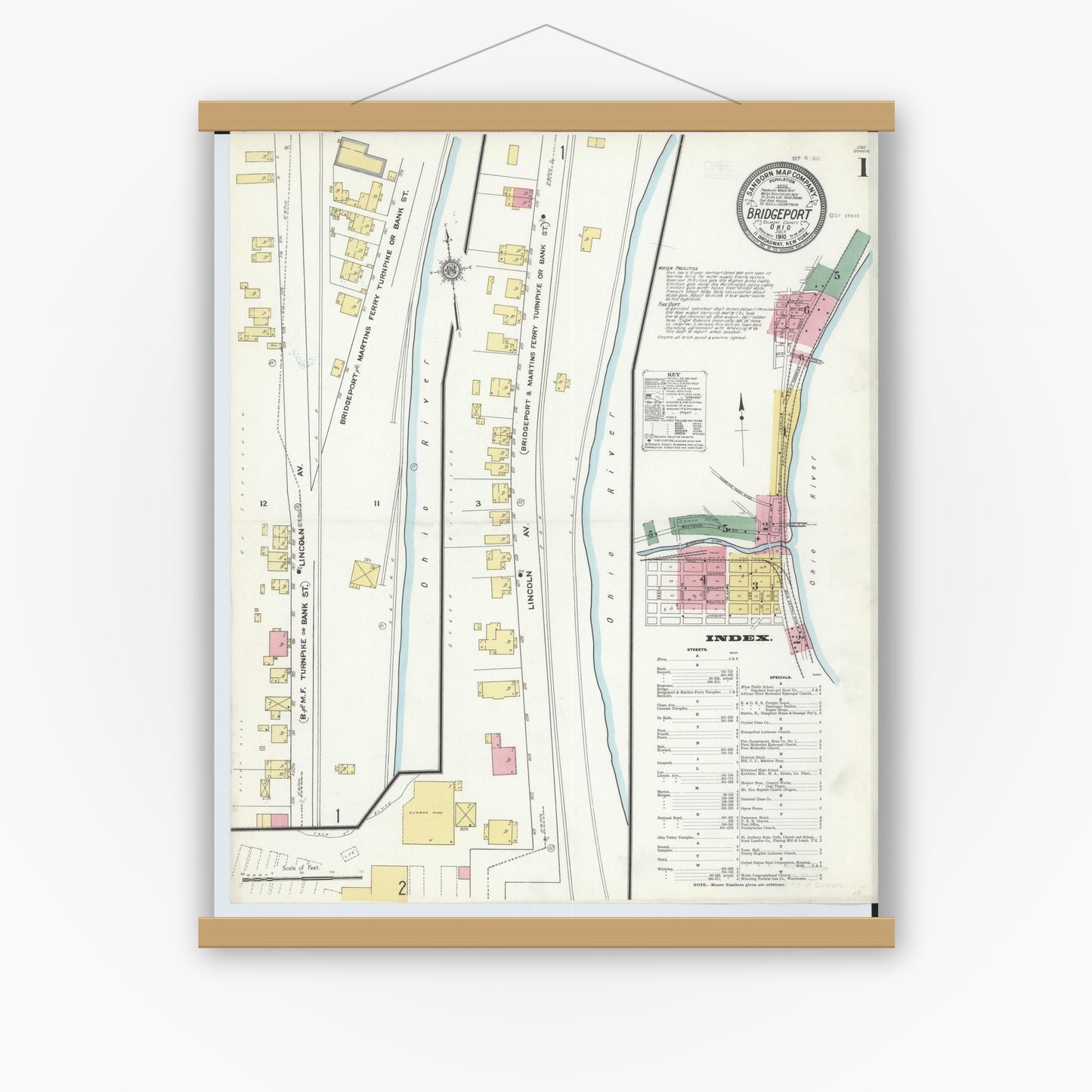 Old map wall art mockup — magnetic wood frame on white wall — Sanborn Fire Insurance Map from Bridgeport, Belmont County, Ohio (1910), Sheet #0001