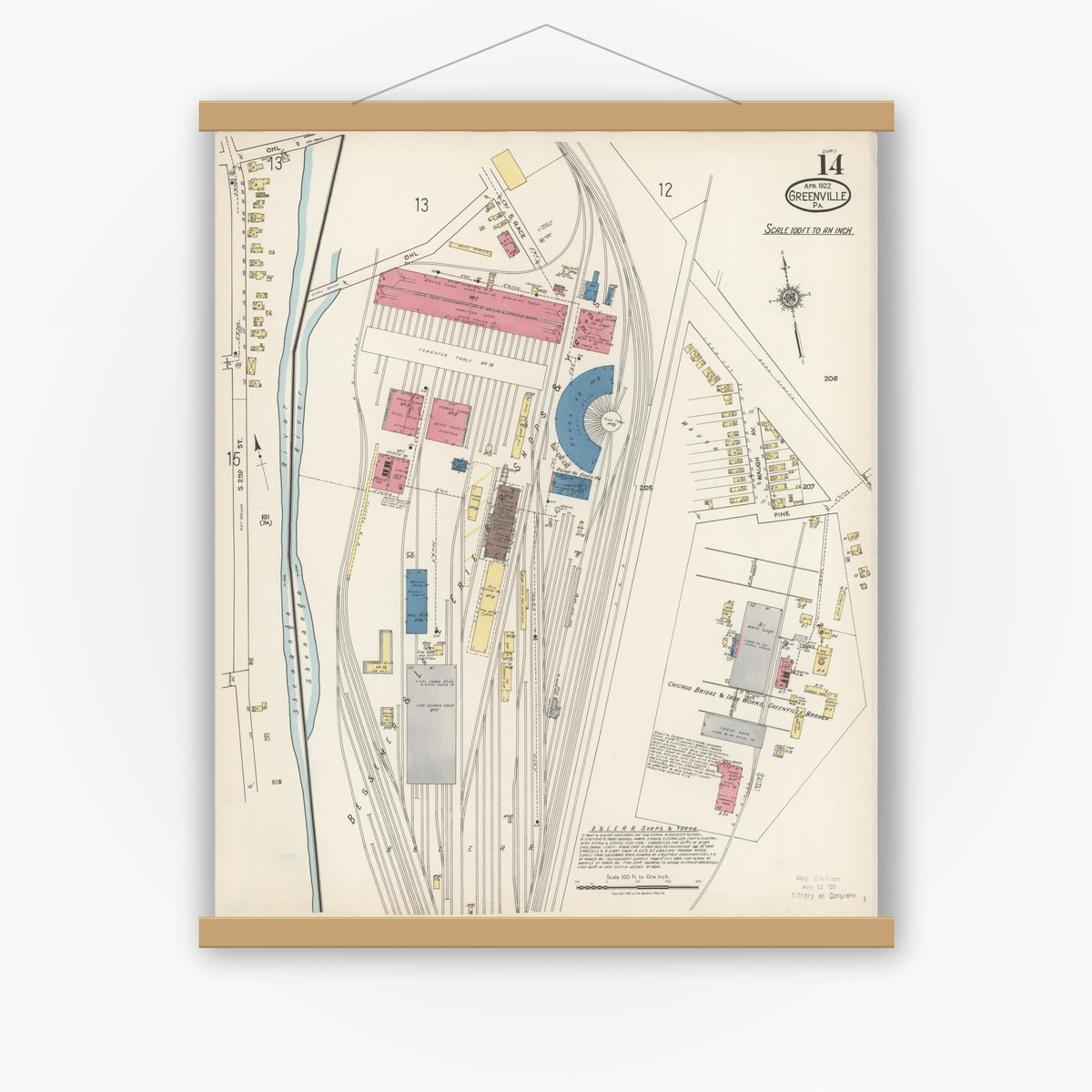 Old map wall art mockup — magnetic wood frame on white wall — Sanborn Fire Insurance Map from Greenville, Mercer County, Pennsylvania (1922), Sheet #0014