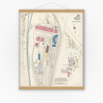 Old map wall art mockup — magnetic wood frame on white wall — Sanborn Fire Insurance Map from Greenville, Mercer County, Pennsylvania (1922), Sheet #0014