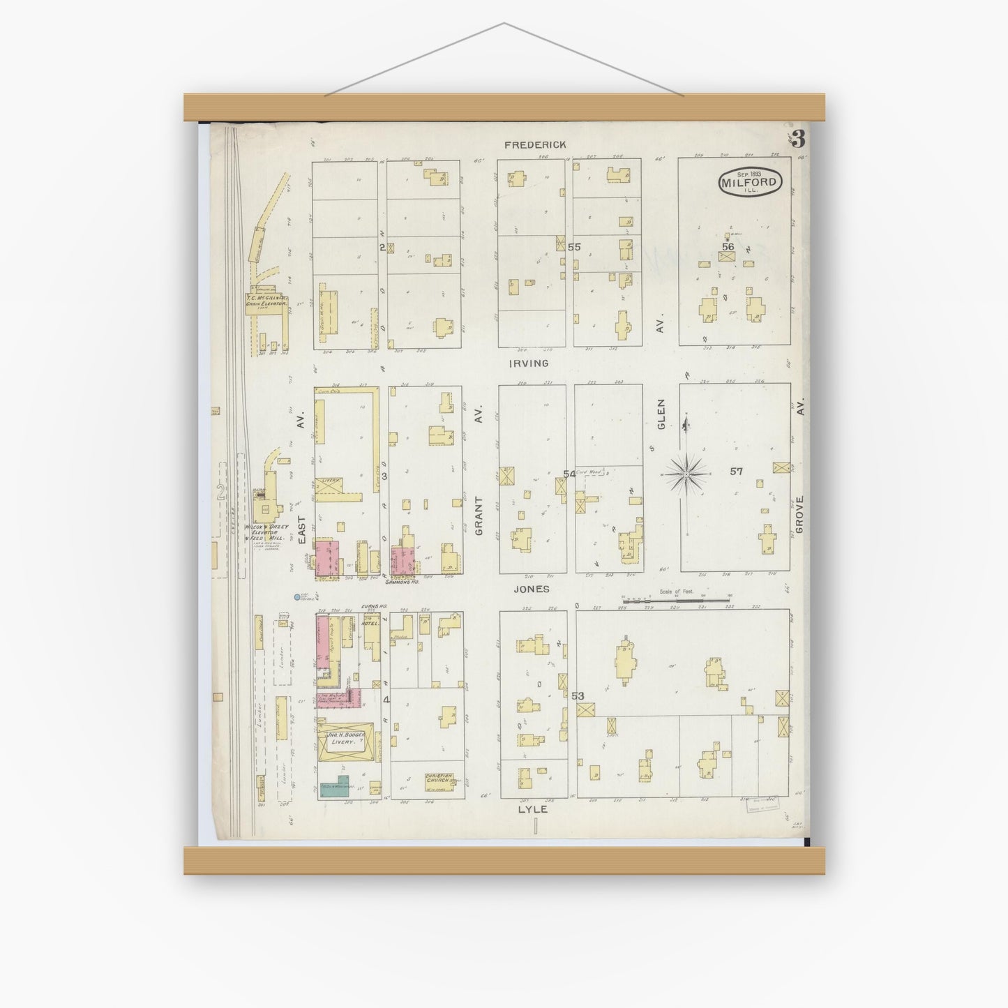 Old map wall art mockup — magnetic wood frame on white wall — Sanborn Fire Insurance Map from Milford, Iroquois County, Illinois (1893), Sheet #0003