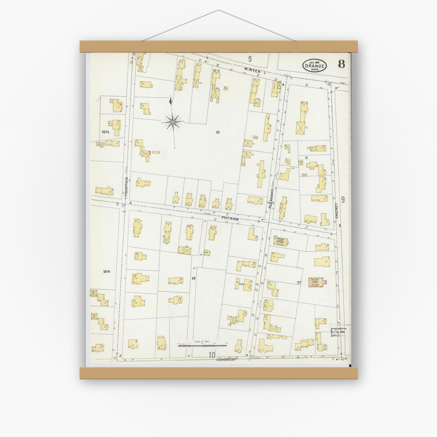 Old map wall art mockup — magnetic wood frame on white wall — Sanborn Fire Insurance Map from Orange, Franklin County, Massachusetts (1905), Sheet #0008