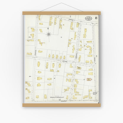 Old map wall art mockup — magnetic wood frame on white wall — Sanborn Fire Insurance Map from Orange, Franklin County, Massachusetts (1905), Sheet #0008