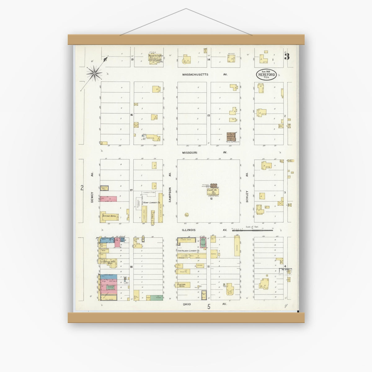Old map wall art mockup — magnetic wood frame on white wall — Sanborn Fire Insurance Map from Hereford, Deaf Smith County, Texas (1908), Sheet #0003