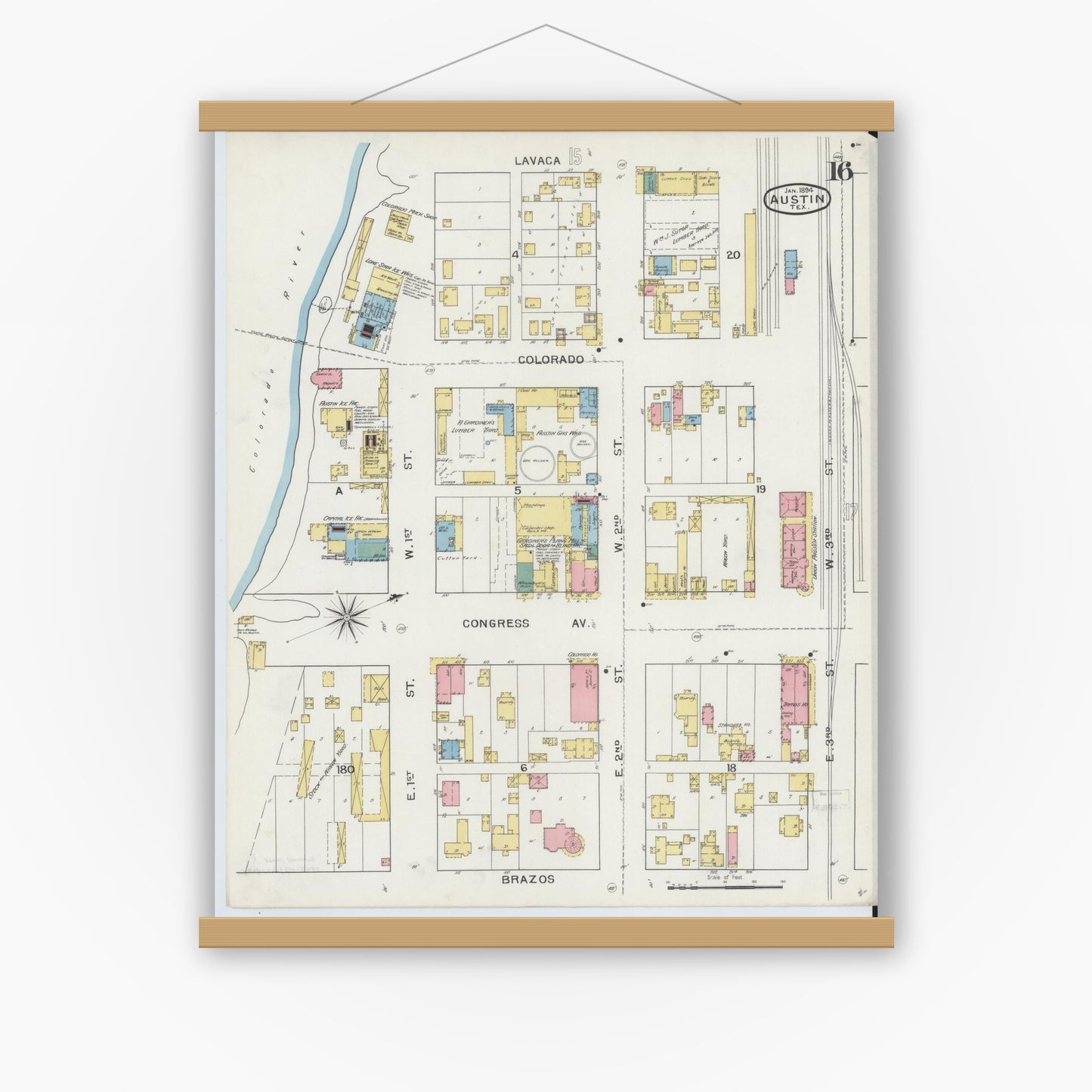 Old map wall art mockup — magnetic wood frame on white wall — Sanborn Fire Insurance Map from Austin, Travis County, Texas (1894), Sheet #0016