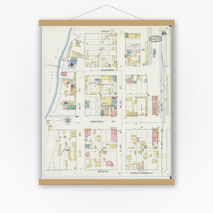 Old map wall art mockup — magnetic wood frame on white wall — Sanborn Fire Insurance Map from Austin, Travis County, Texas (1894), Sheet #0016
