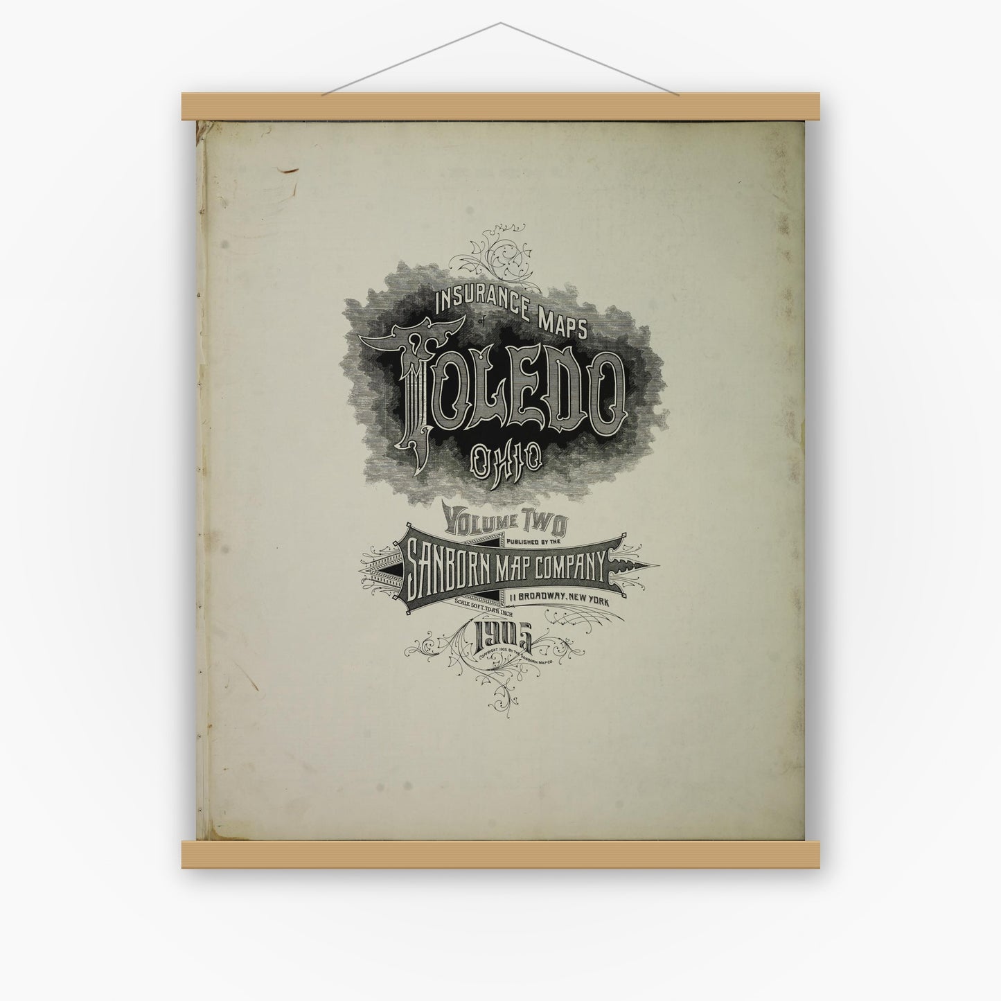 Old map wall art mockup — magnetic wood frame on white wall — Sanborn Fire Insurance Map from Toledo, Lucas County, Ohio (1905), Sheet #0001