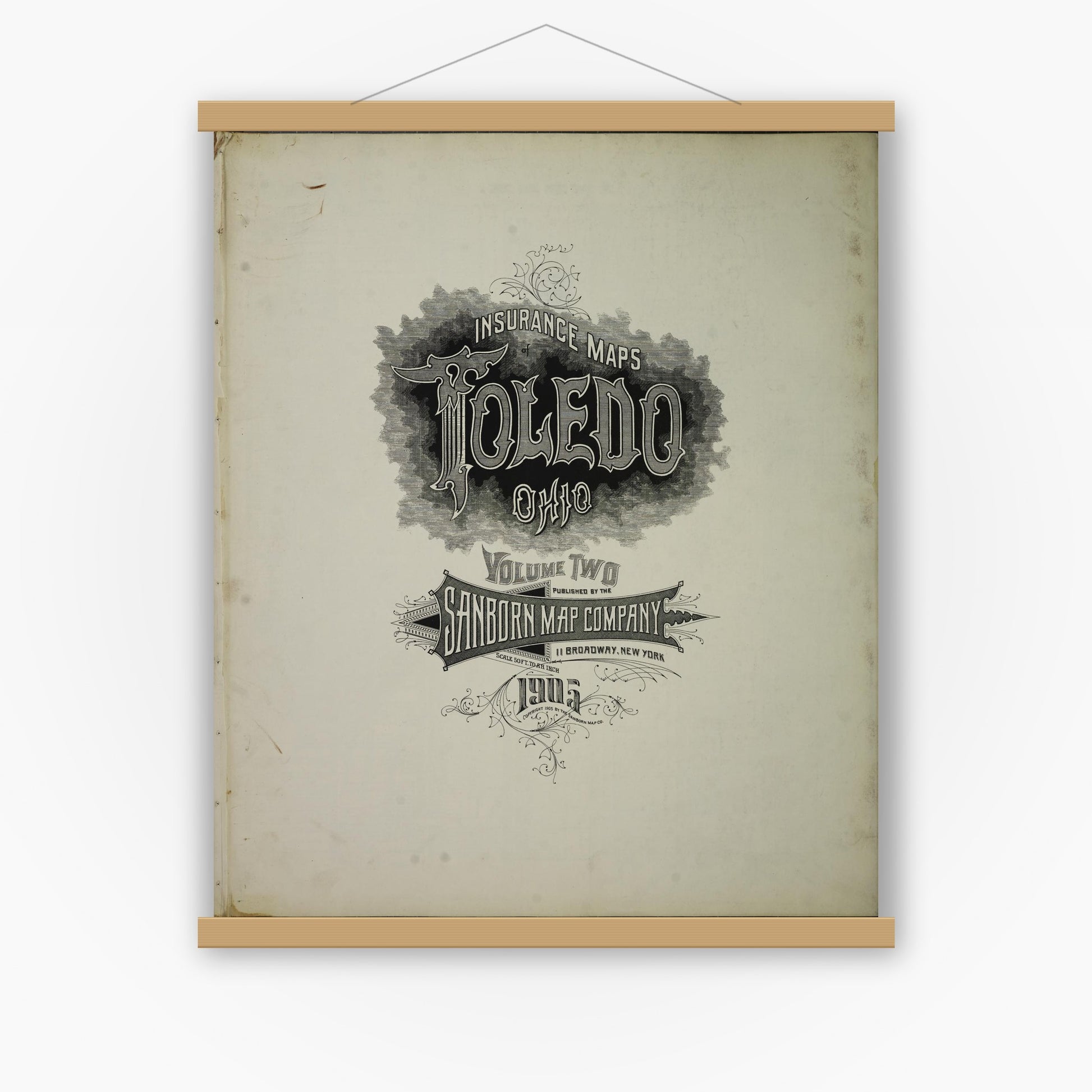 Old map wall art mockup — magnetic wood frame on white wall — Sanborn Fire Insurance Map from Toledo, Lucas County, Ohio (1905), Sheet #0001
