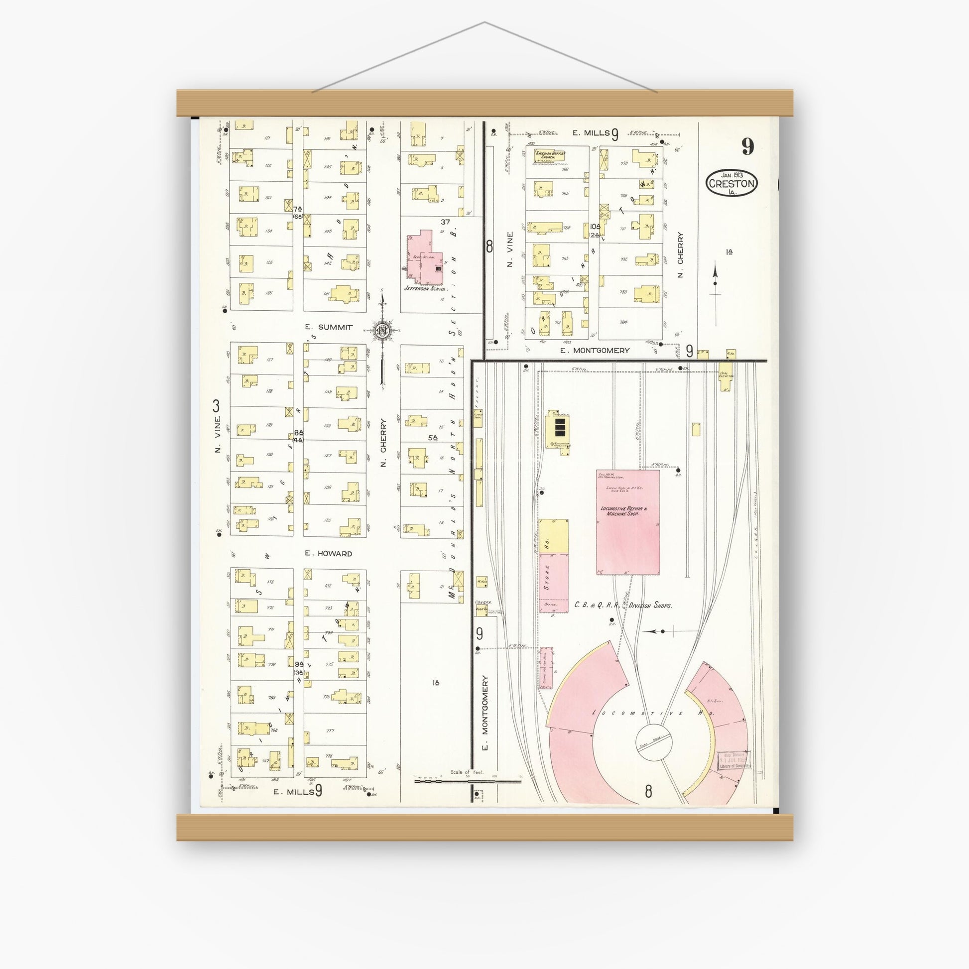 Old map wall art mockup — magnetic wood frame on white wall — Sanborn Fire Insurance Map from Creston, Union County, Iowa (1913), Sheet #0009