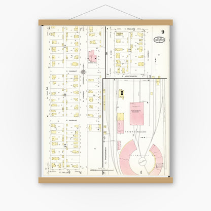 Old map wall art mockup — magnetic wood frame on white wall — Sanborn Fire Insurance Map from Creston, Union County, Iowa (1913), Sheet #0009