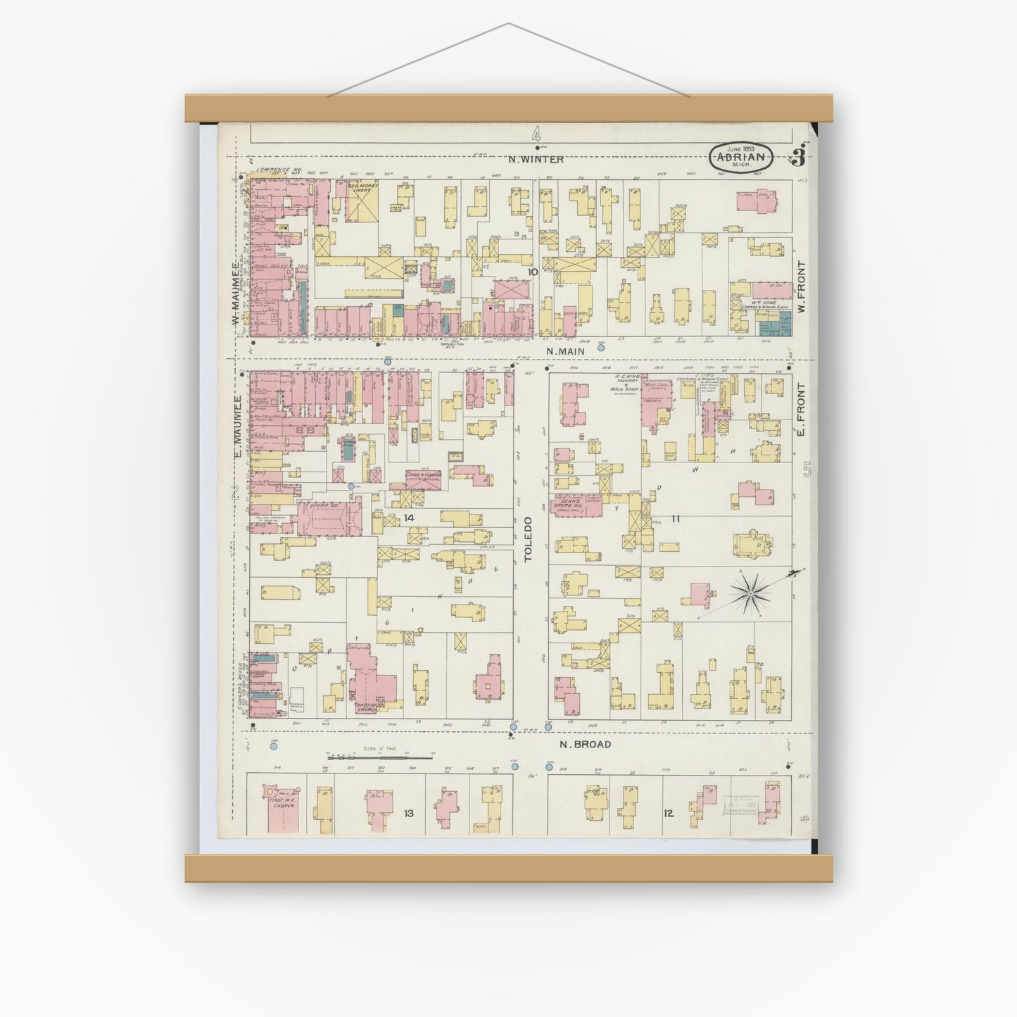 Old map wall art mockup — magnetic wood frame on white wall — Sanborn Fire Insurance Map from Adrian, Lenawee County, Michigan (1893), Sheet #0003