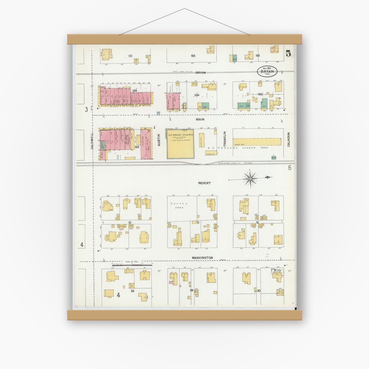 Old map wall art mockup — magnetic wood frame on white wall — Sanborn Fire Insurance Map from Bryan, Brazos County, Texas (1901), Sheet #0005