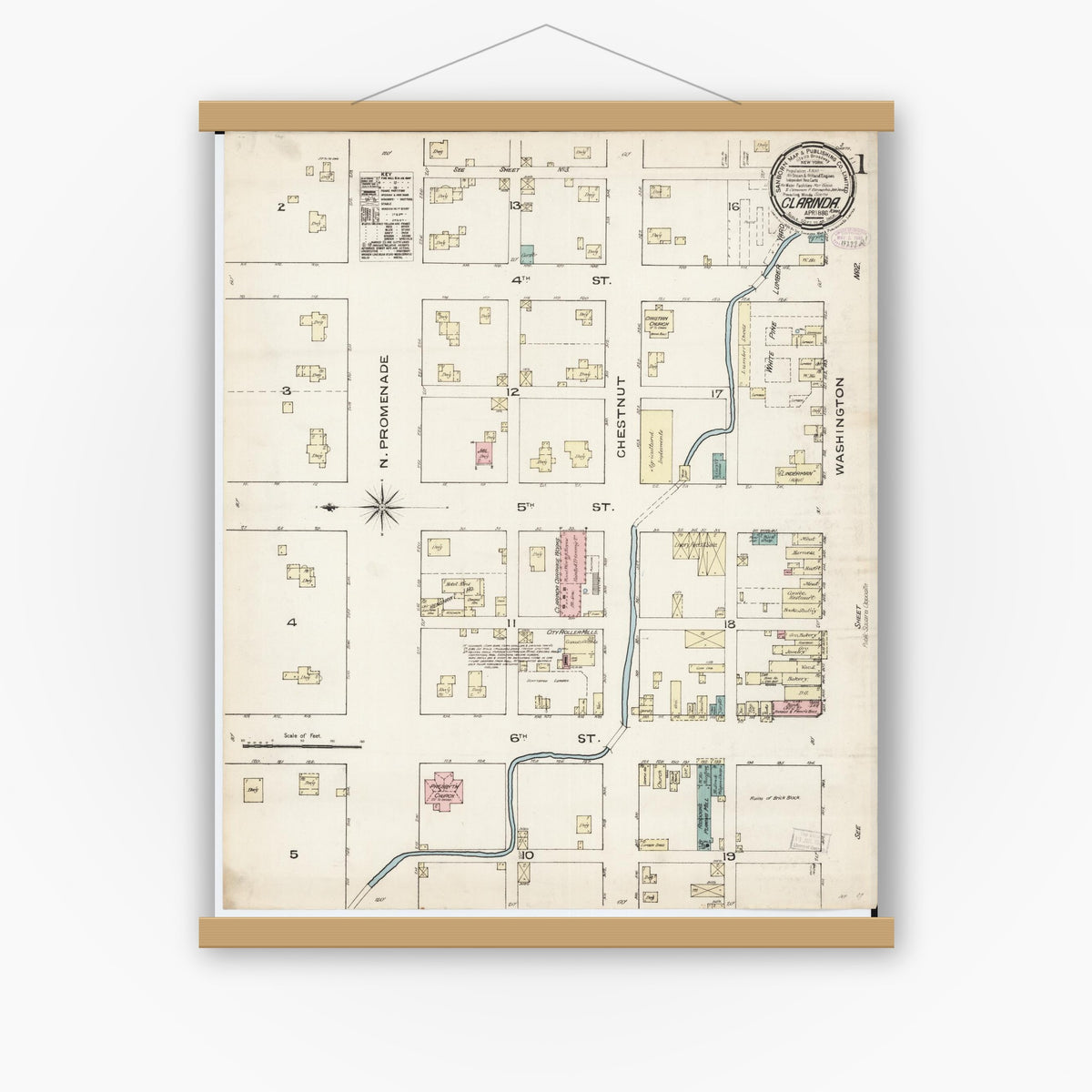 Old map wall art mockup — magnetic wood frame on white wall — Sanborn Fire Insurance Map from Clarinda, Page County, Iowa (1886) â€” Complete Set