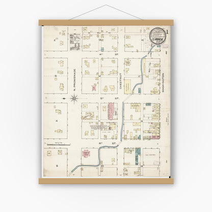 Old map wall art mockup — magnetic wood frame on white wall — Sanborn Fire Insurance Map from Clarinda, Page County, Iowa (1886) â€” Complete Set
