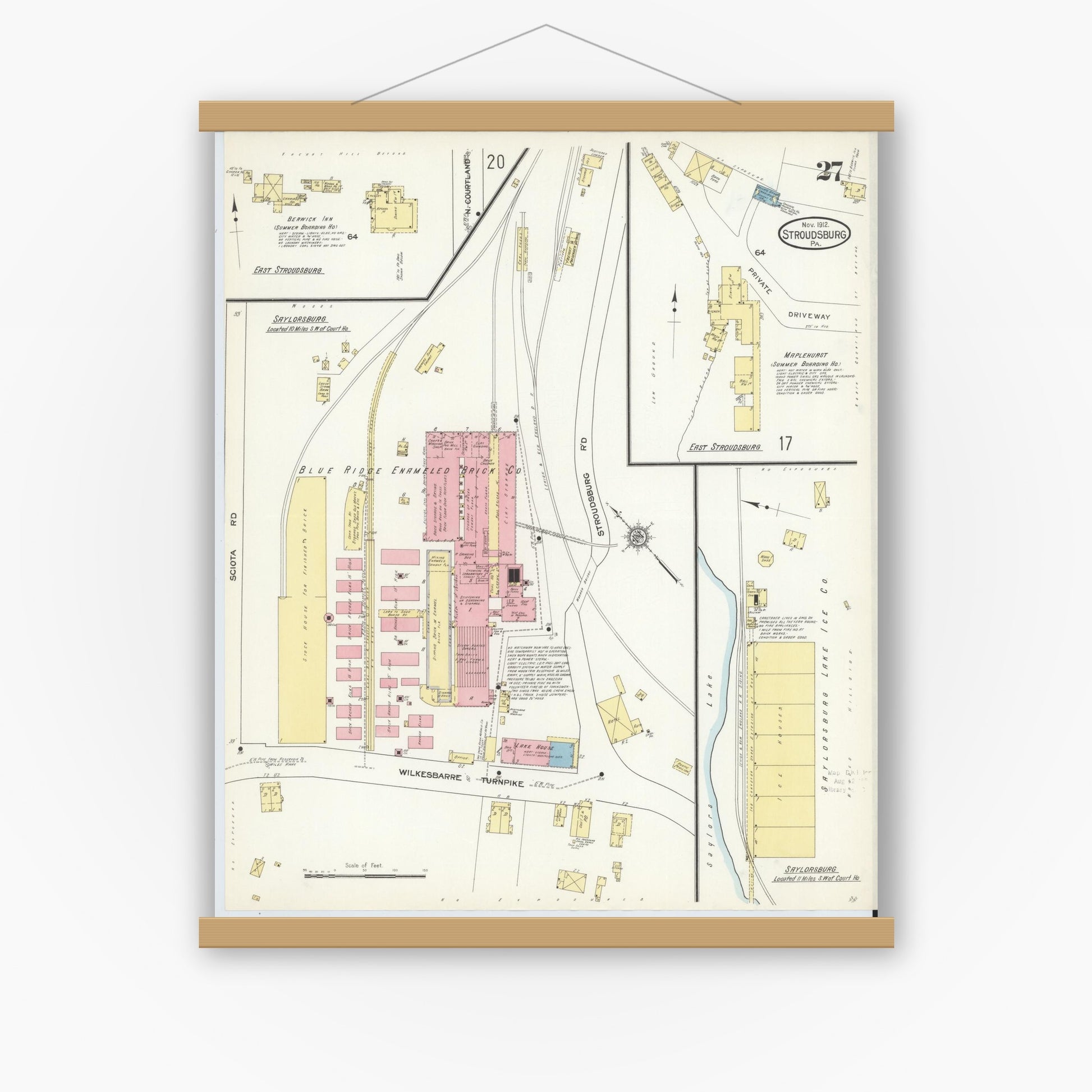 Old map wall art mockup — magnetic wood frame on white wall — Sanborn Fire Insurance Map from Stroudsburg, Monroe County, Pennsylvania (1912), Sheet #0027