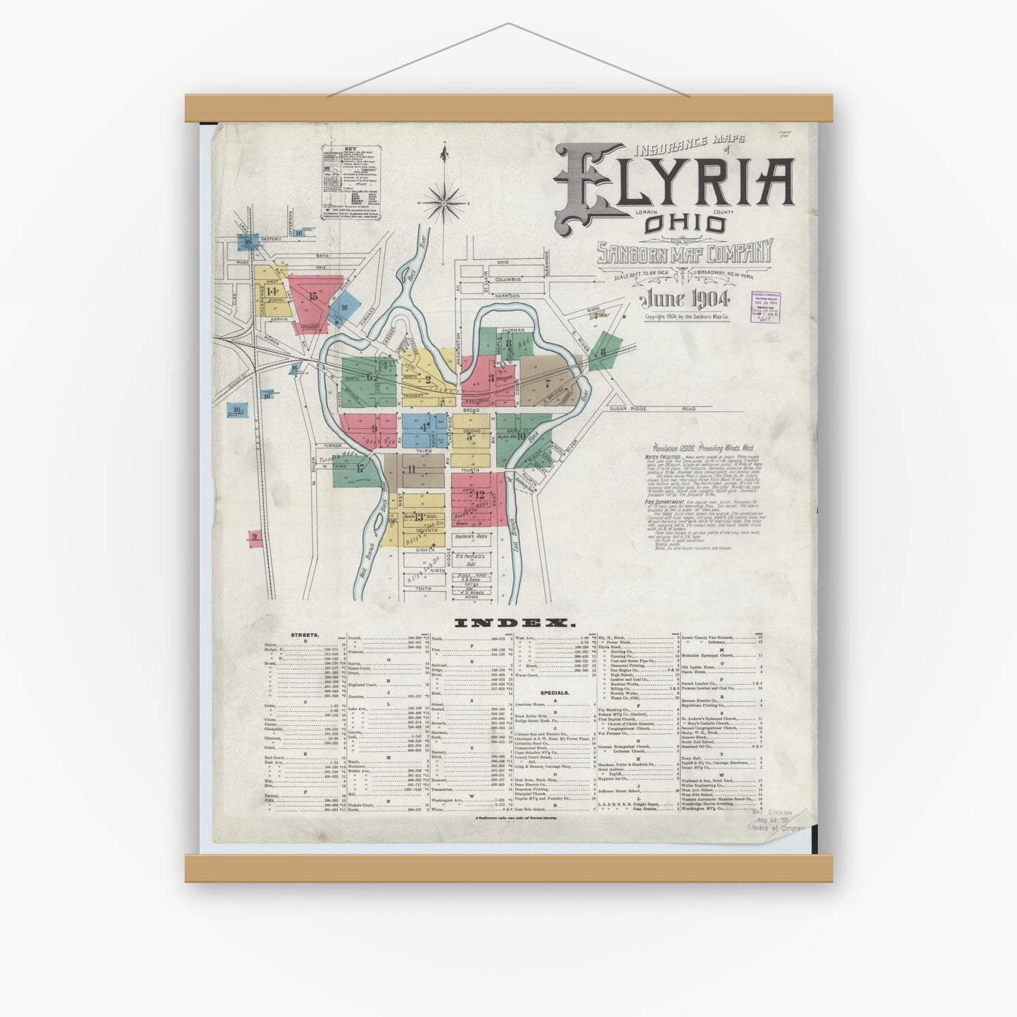 Old map wall art mockup — magnetic wood frame on white wall — Sanborn Fire Insurance Map from Elyria, Lorain County, Ohio (1904) - Complete Map Set
