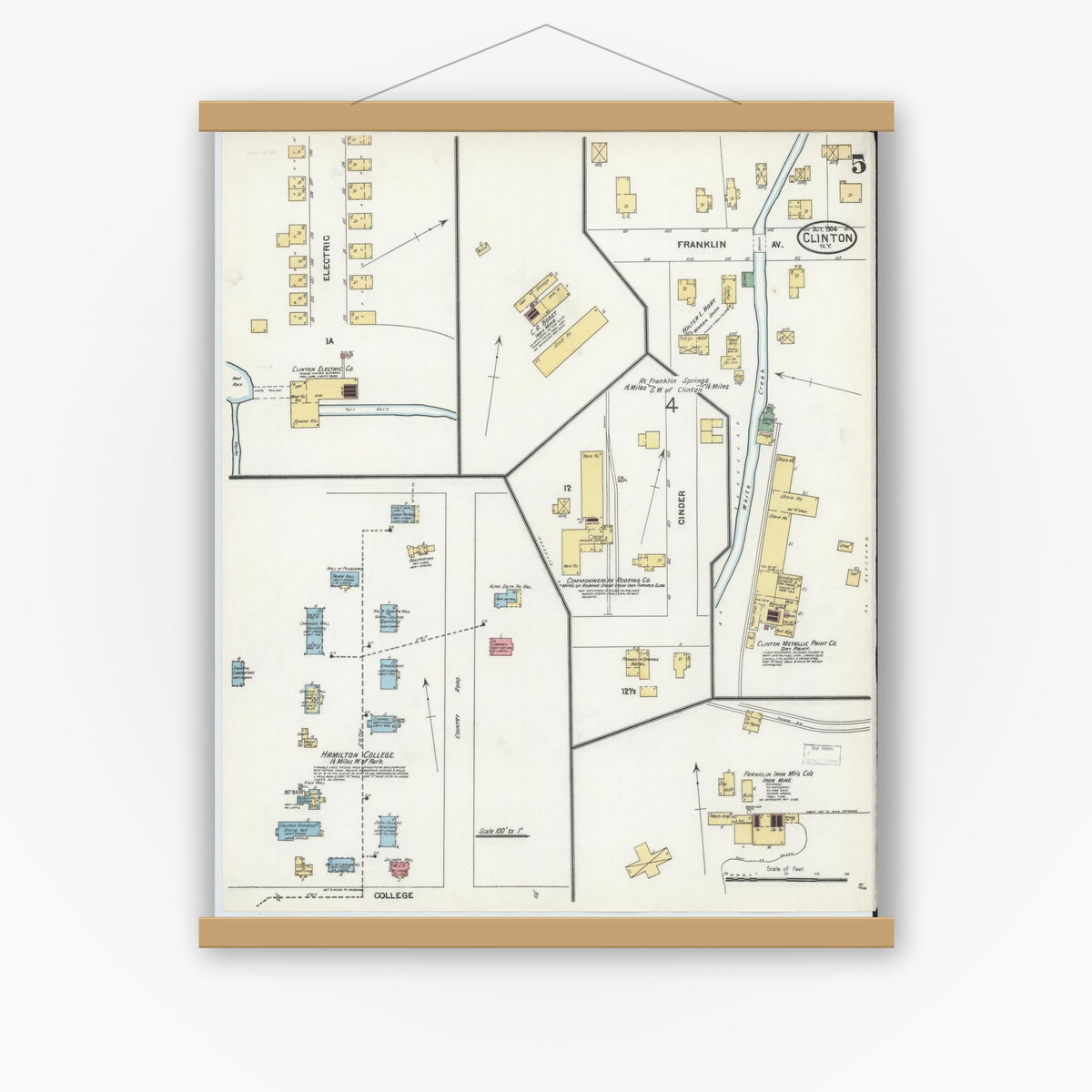 Old map wall art mockup — magnetic wood frame on white wall — Sanborn Fire Insurance Map from Clinton, Oneida County, New York (1904), Sheet #0005