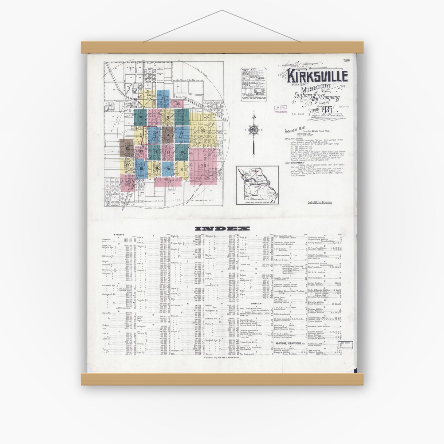 Old map wall art mockup — magnetic wood frame on white wall — Sanborn Fire Insurance Map from Kirksville, Adair County, Missouri (1925) - Complete Map Set