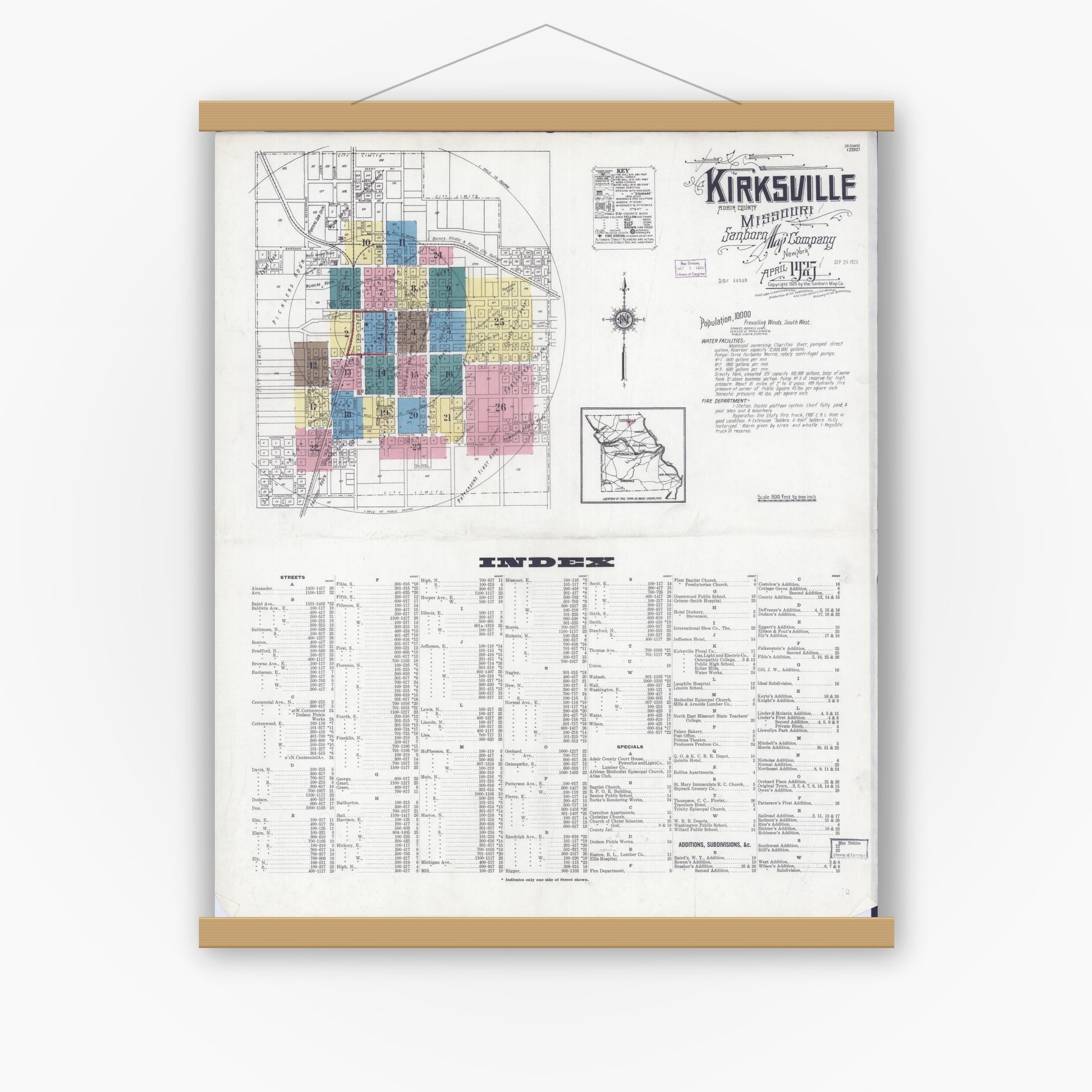 Old map wall art mockup — magnetic wood frame on white wall — Sanborn Fire Insurance Map from Kirksville, Adair County, Missouri (1925) - Complete Map Set