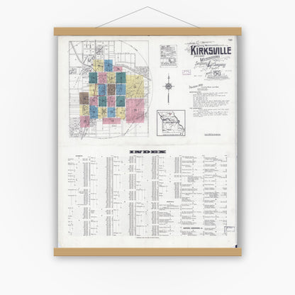 Old map wall art mockup — magnetic wood frame on white wall — Sanborn Fire Insurance Map from Kirksville, Adair County, Missouri (1925) - Complete Map Set