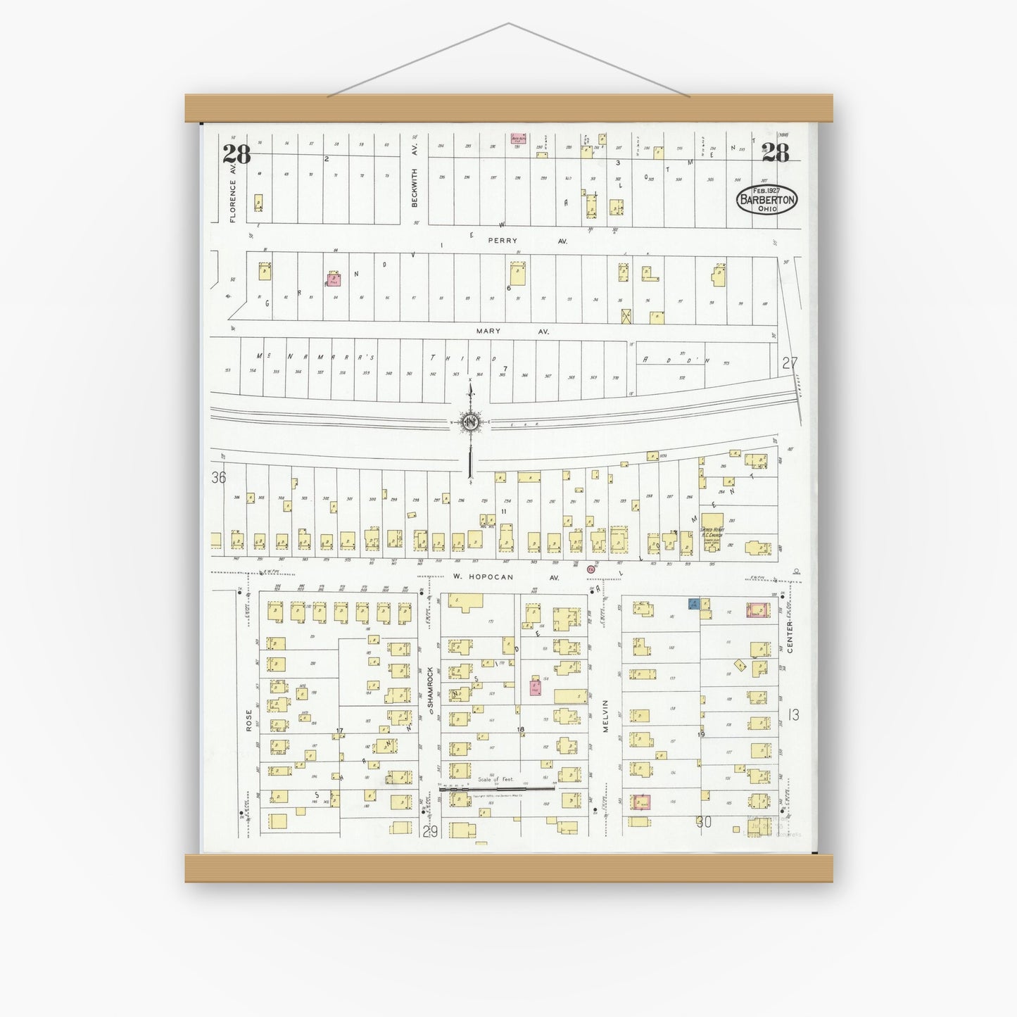 Old map wall art mockup — magnetic wood frame on white wall — Sanborn Fire Insurance Map from Barberton, Summit County, Ohio (1927), Sheet #0028