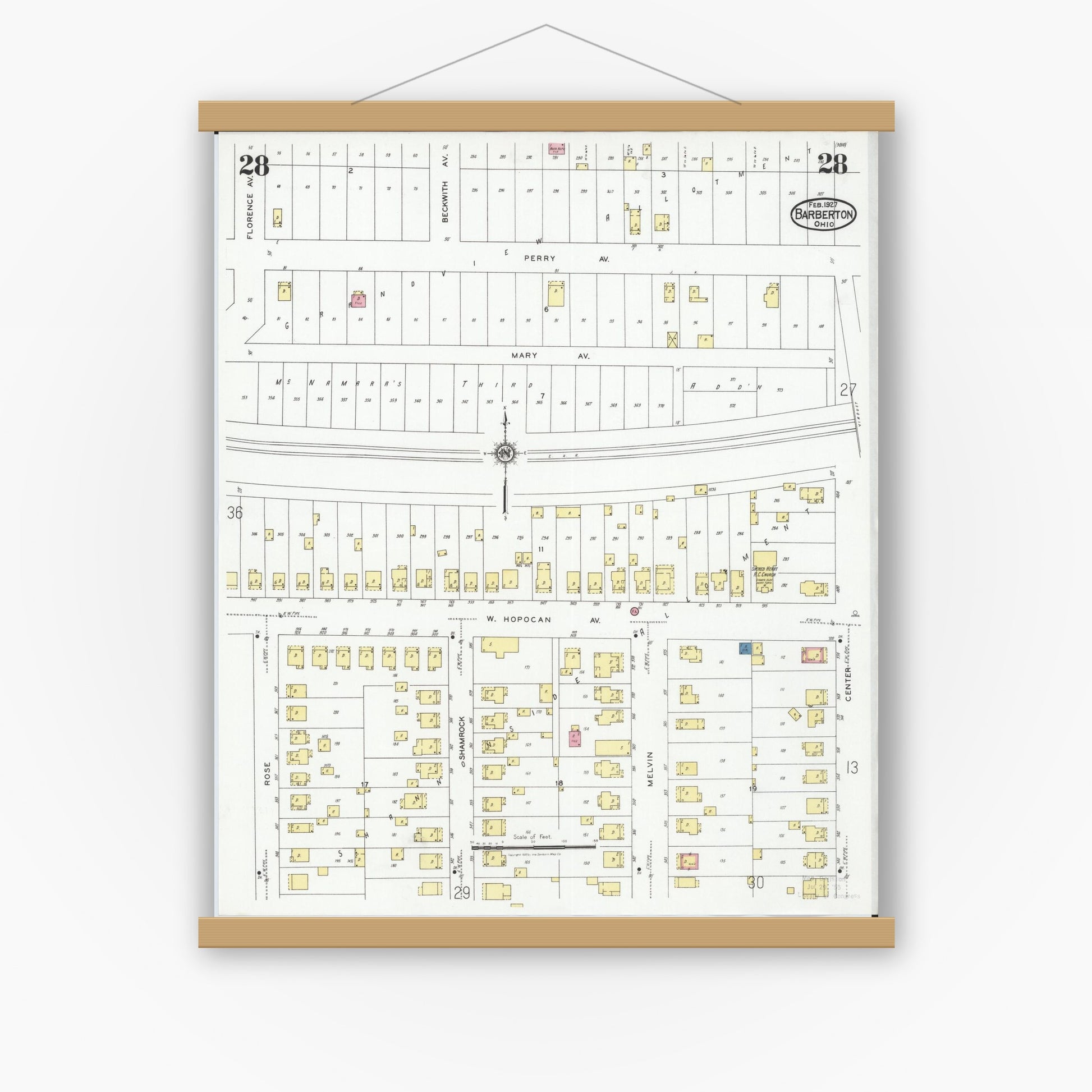 Old map wall art mockup — magnetic wood frame on white wall — Sanborn Fire Insurance Map from Barberton, Summit County, Ohio (1927), Sheet #0028