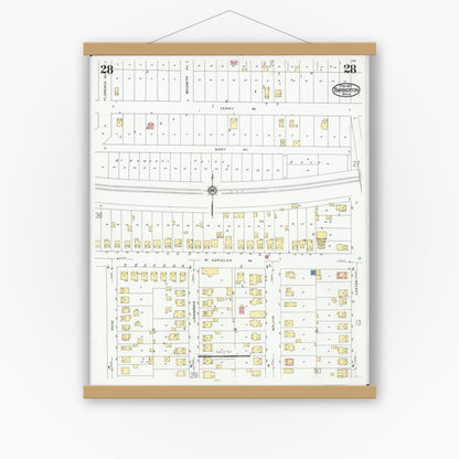 Old map wall art mockup — magnetic wood frame on white wall — Sanborn Fire Insurance Map from Barberton, Summit County, Ohio (1927), Sheet #0028