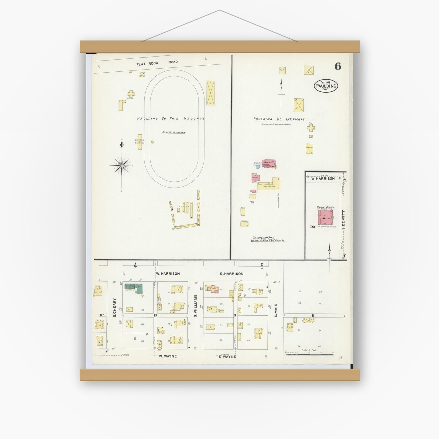Old map wall art mockup — magnetic wood frame on white wall — Sanborn Fire Insurance Map from Paulding, Paulding County, Ohio (1907), Sheet #0006