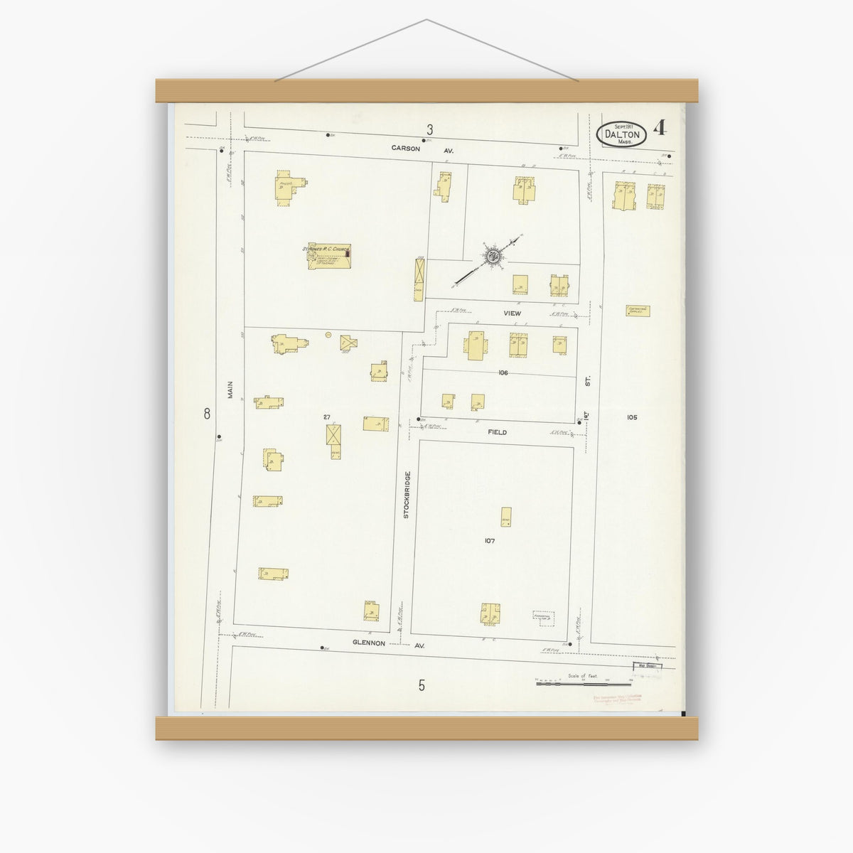 Old map wall art mockup — magnetic wood frame on white wall — Sanborn Fire Insurance Map from Dalton, Berkshire County, Massachusetts (1911), Sheet #0004