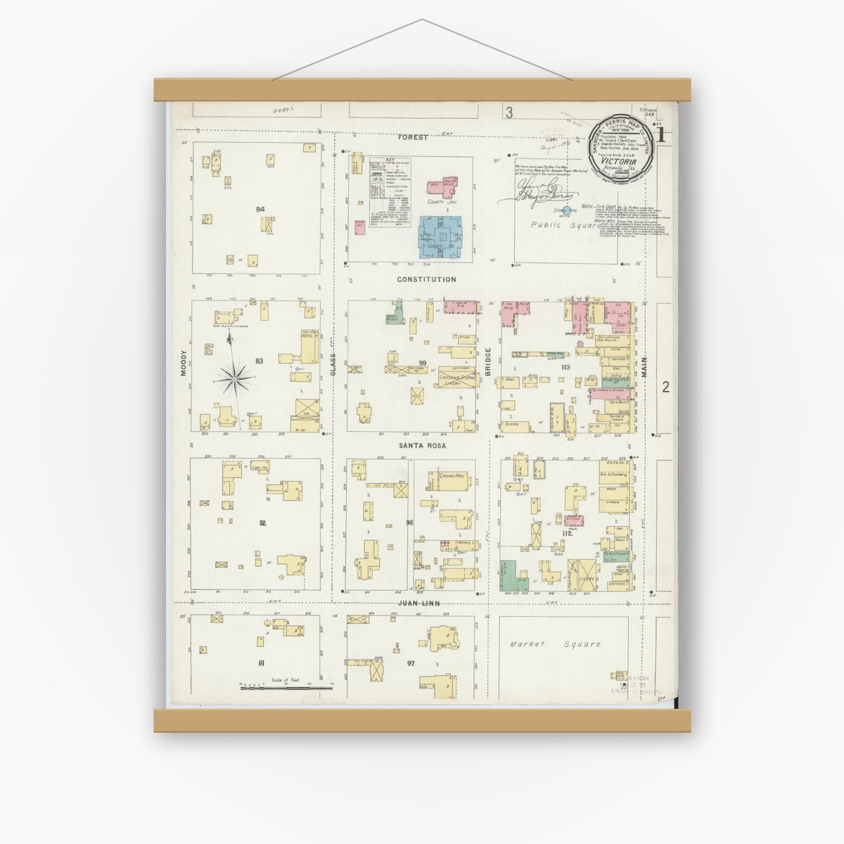 Old map wall art mockup — magnetic wood frame on white wall — Sanborn Fire Insurance Map from Victoria, Victoria County, Texas (1896) - Complete Map Set