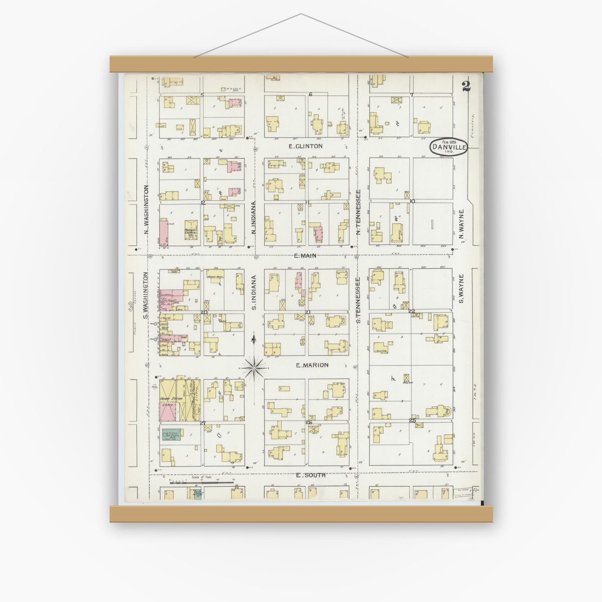 Old map wall art mockup — magnetic wood frame on white wall — Sanborn Fire Insurance Map from Danville, Hendricks County, Indiana (1893), Sheet #0002
