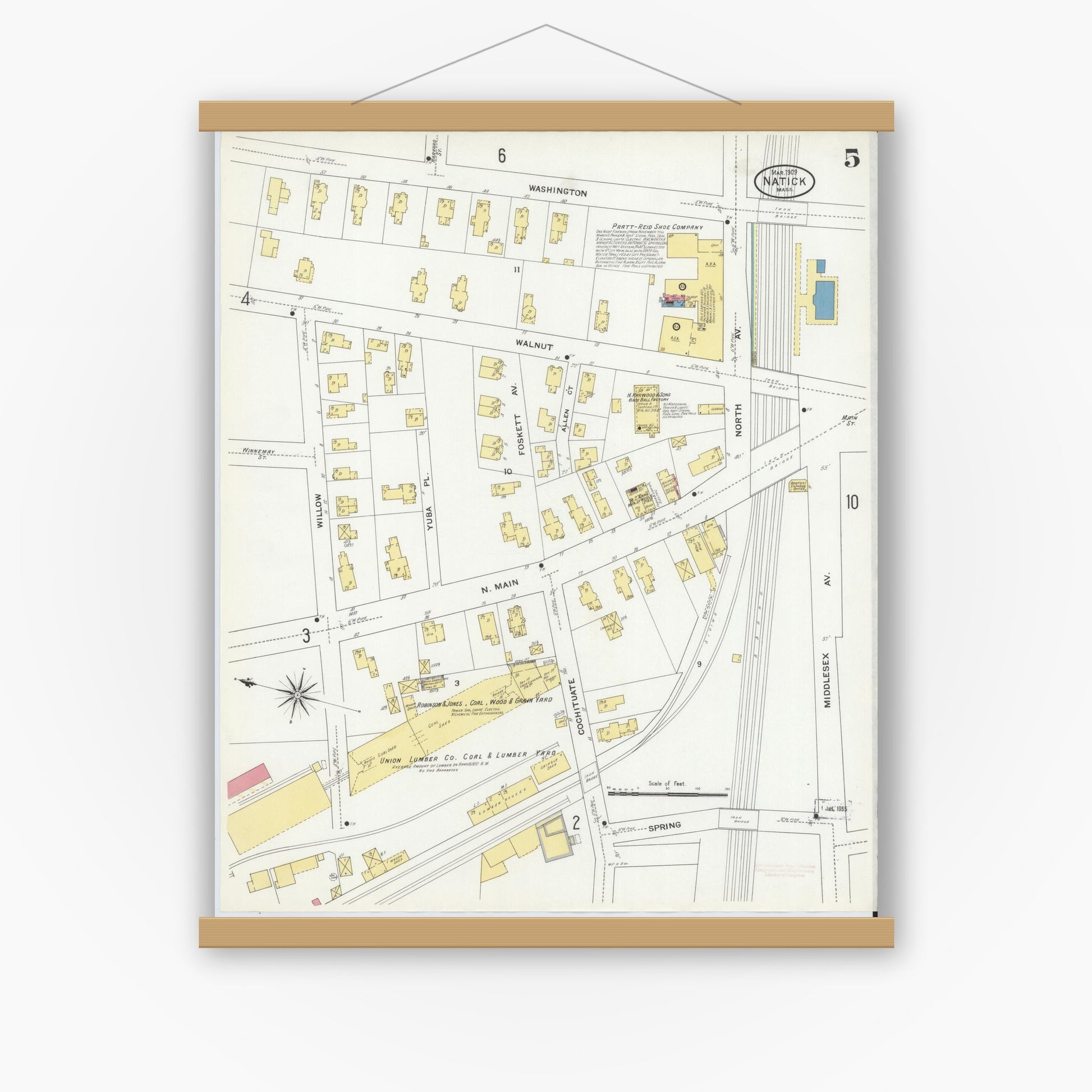 Old map wall art mockup — magnetic wood frame on white wall — Sanborn Fire Insurance Map from Natick, Middlesex County, Massachusetts (1909), Sheet #0005
