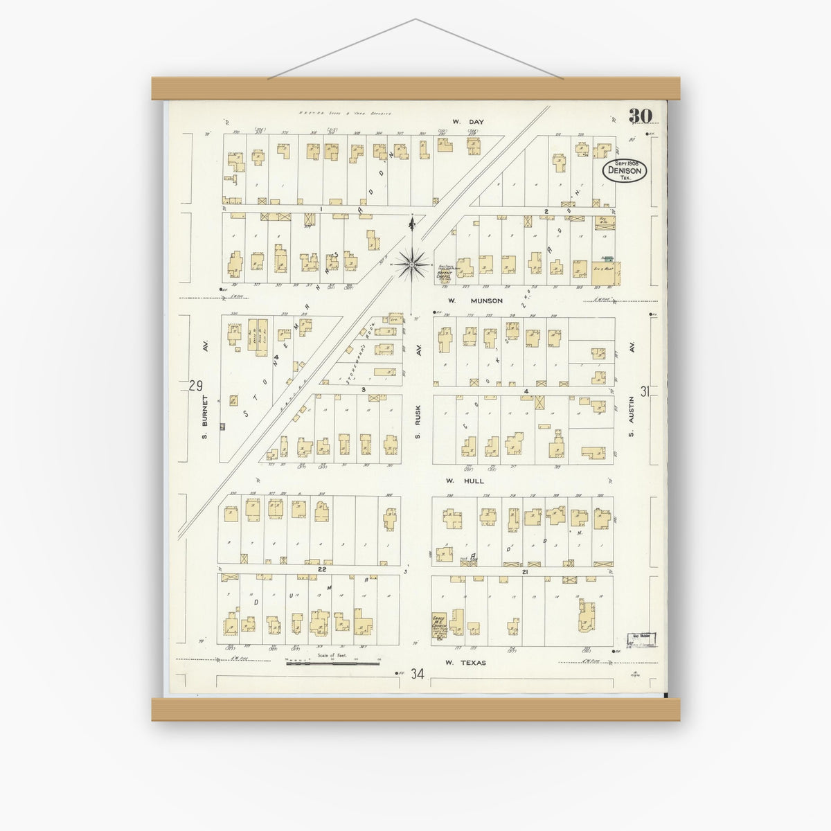 Old map wall art mockup — magnetic wood frame on white wall — Sanborn Fire Insurance Map from Denison, Grayson County, Texas (1908), Sheet #0030