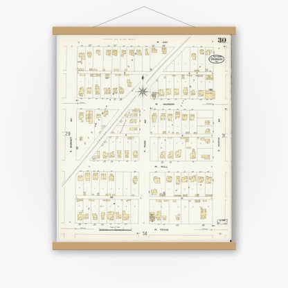 Old map wall art mockup — magnetic wood frame on white wall — Sanborn Fire Insurance Map from Denison, Grayson County, Texas (1908), Sheet #0030