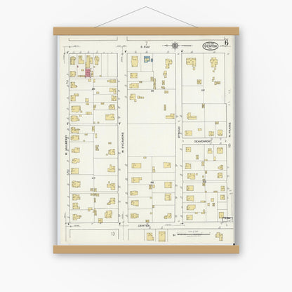 Old map wall art mockup — magnetic wood frame on white wall — Sanborn Fire Insurance Map from Denton, Denton County, Texas (1921), Sheet #0006