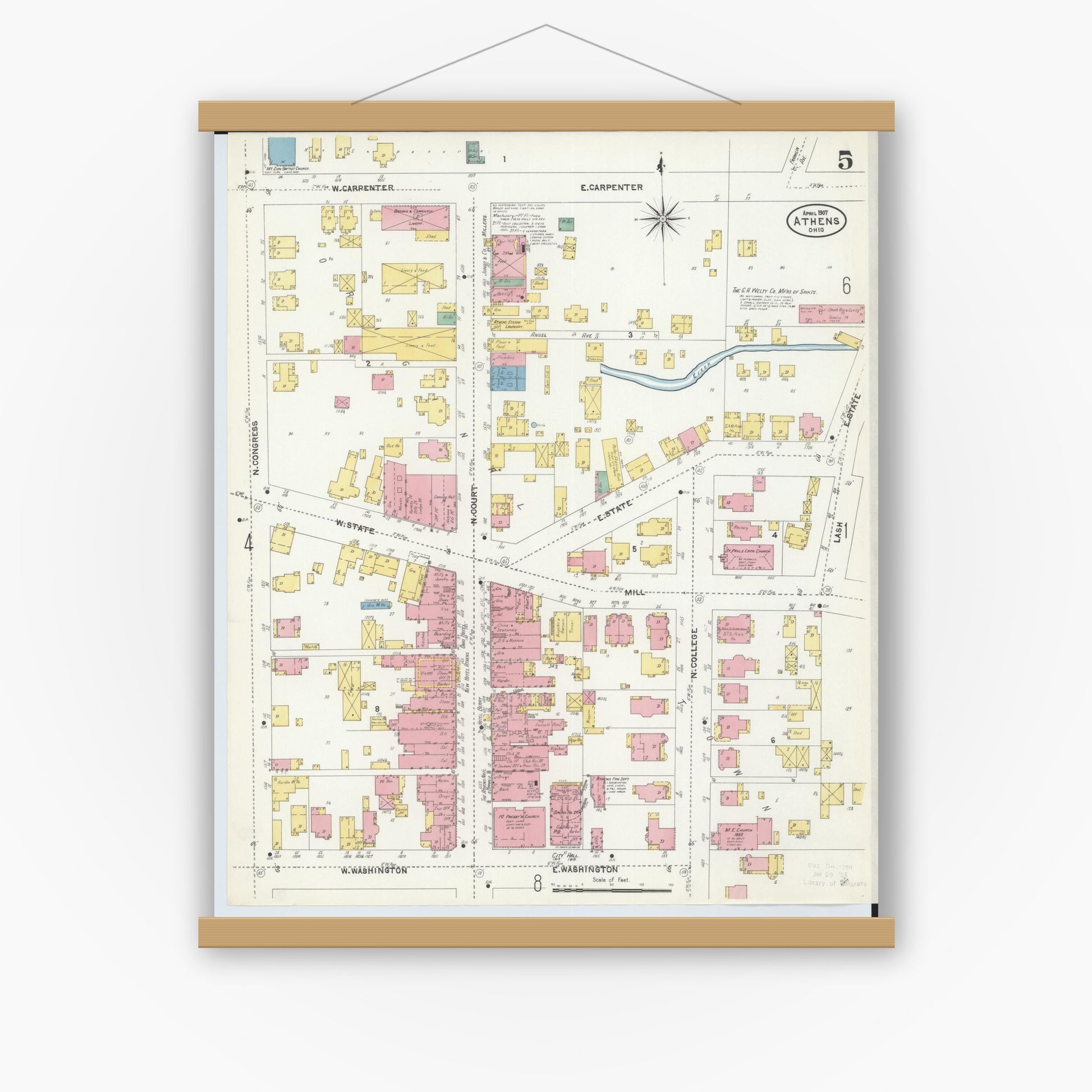Old map wall art mockup — magnetic wood frame on white wall — Sanborn Fire Insurance Map from Athens, Athens County, Ohio (1907), Sheet #0005
