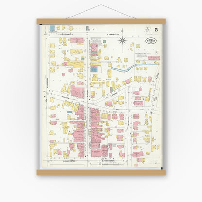 Old map wall art mockup — magnetic wood frame on white wall — Sanborn Fire Insurance Map from Athens, Athens County, Ohio (1907), Sheet #0005