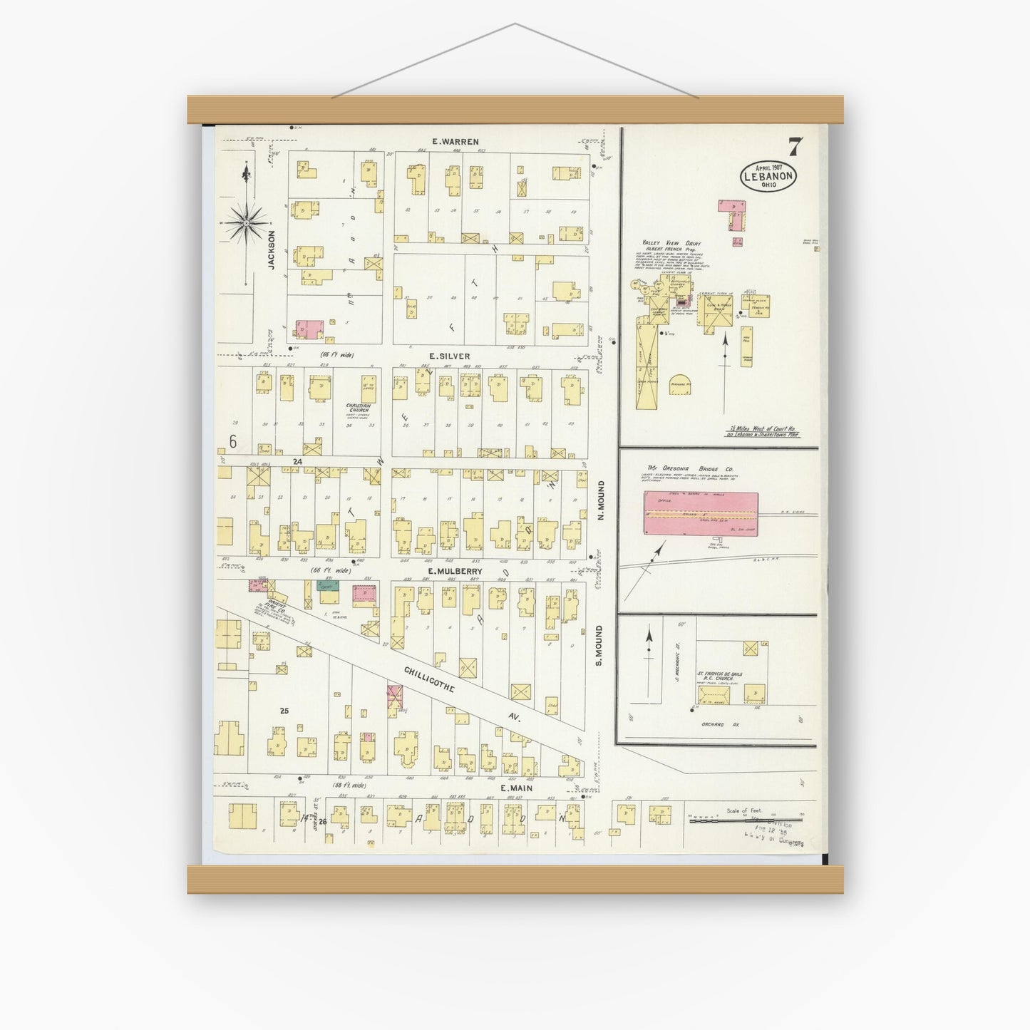 Old map wall art mockup — magnetic wood frame on white wall — Sanborn Fire Insurance Map from Lebanon, Warren County, Ohio (1907), Sheet #0007