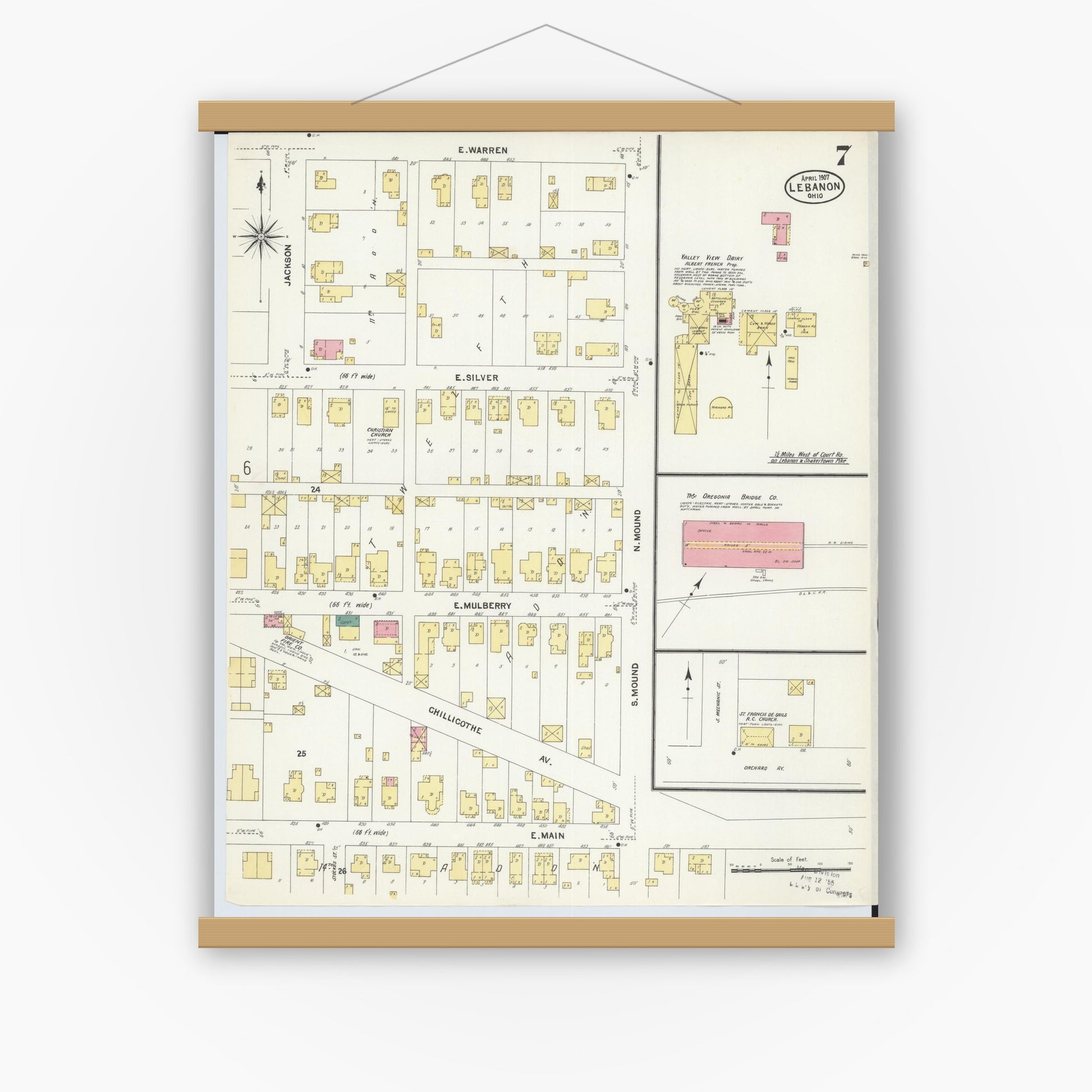 Old map wall art mockup — magnetic wood frame on white wall — Sanborn Fire Insurance Map from Lebanon, Warren County, Ohio (1907), Sheet #0007